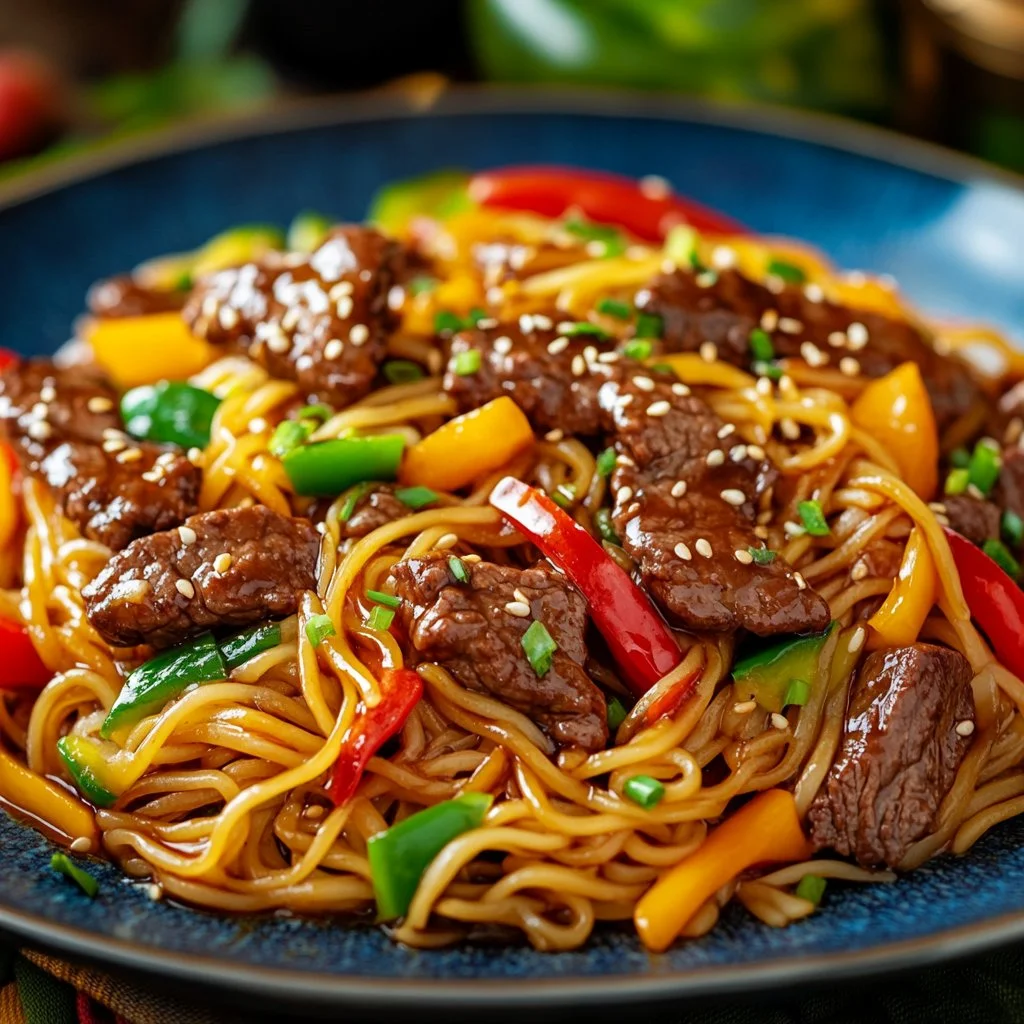 Plate of beef teriyaki noodles garnished with vegetables and sesame seeds