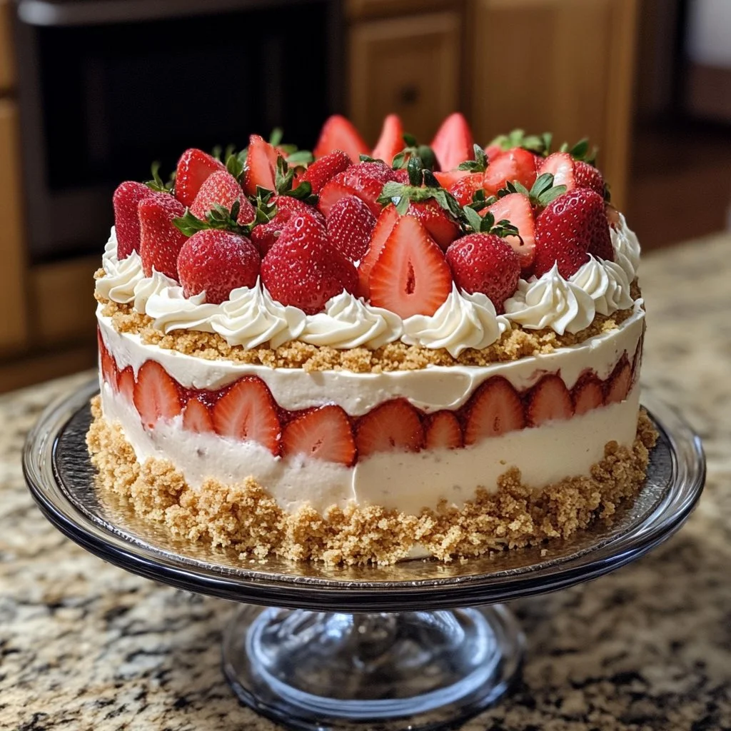 Slice of Berrylicious Strawberry Crunch Cake with fresh strawberries and crunchy topping