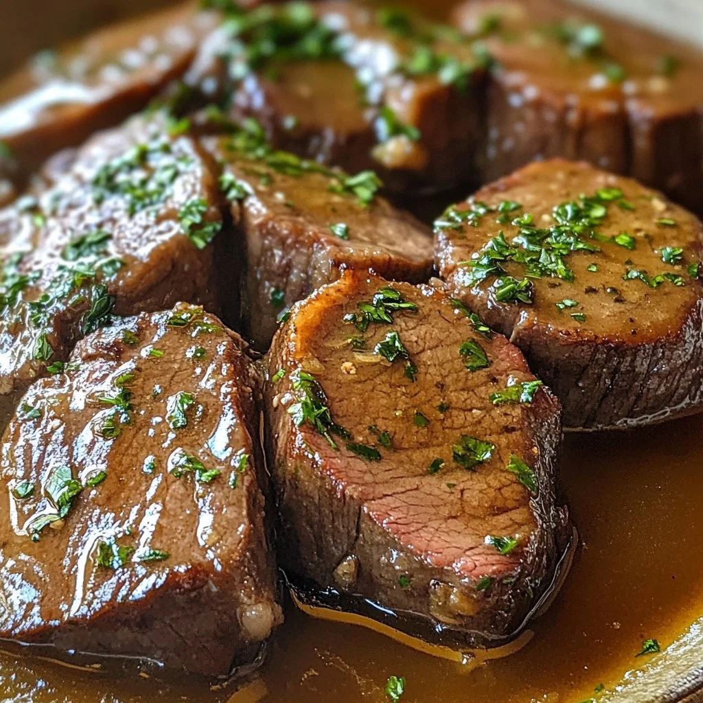 Slow cooked round steak served with vegetables on a plate