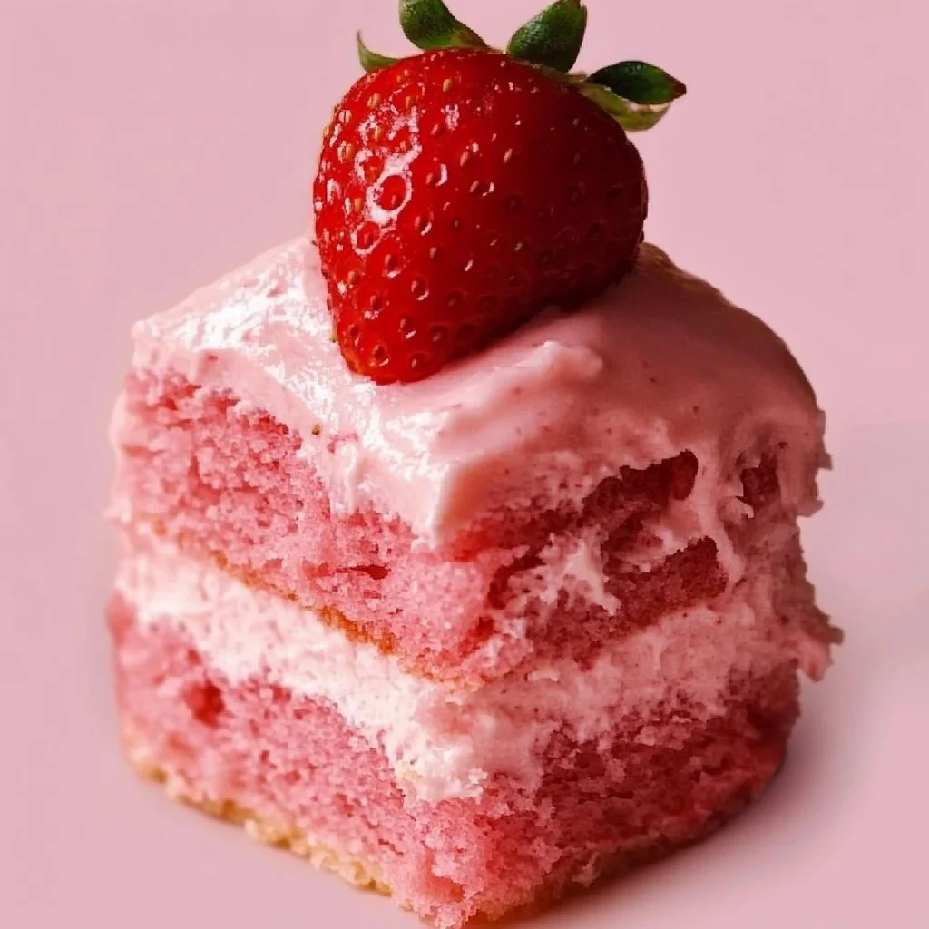 Delicious slice of Best Ever Strawberry Cake with fresh strawberries on top.