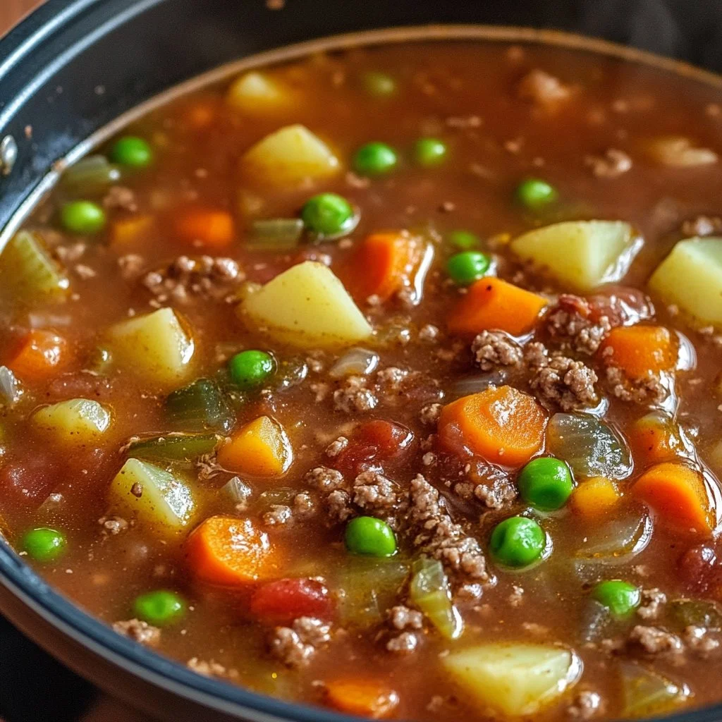 Delicious bowl of hamburger soup garnished with herbs and vegetables