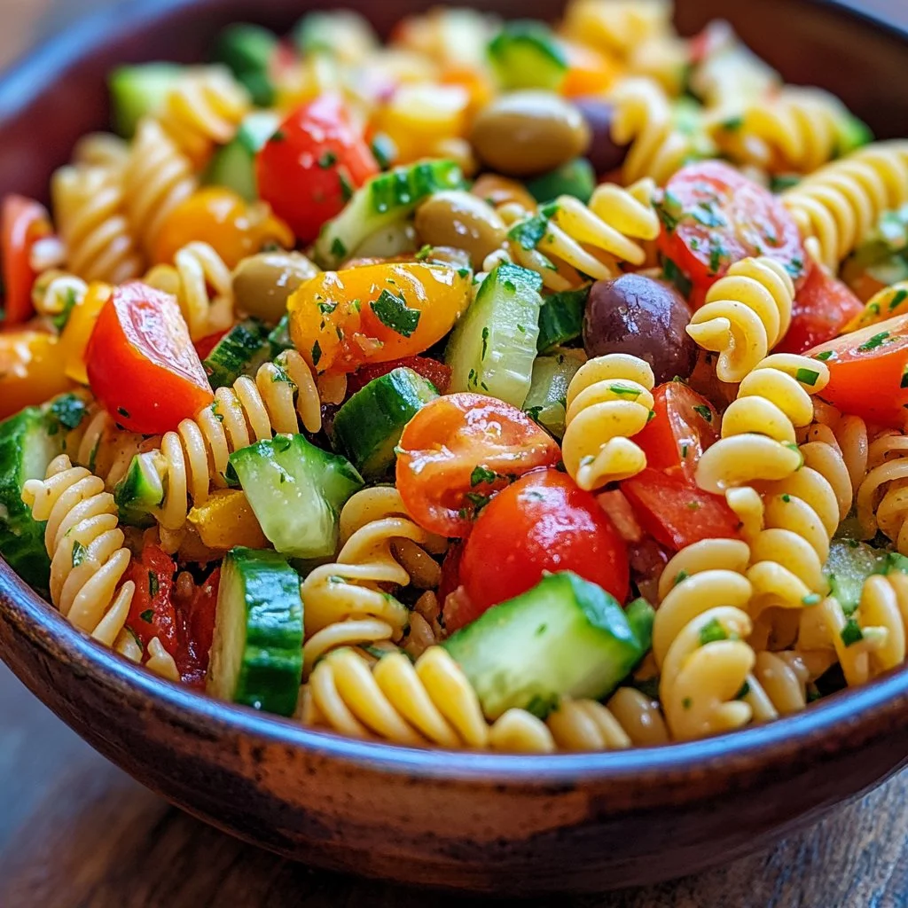Delicious Best Pasta Salad with Italian Dressing served in a bowl