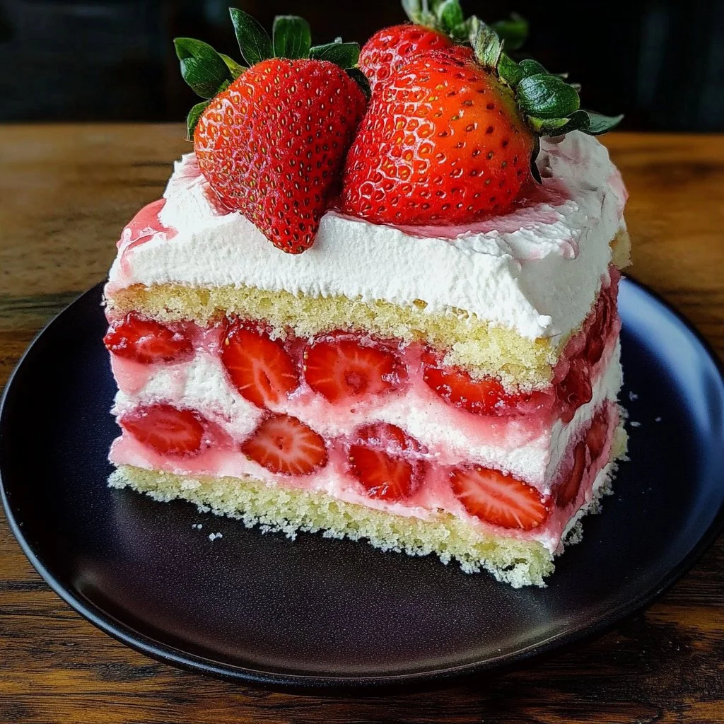 Delicious homemade strawberry poke cake topped with fresh strawberries and cream.