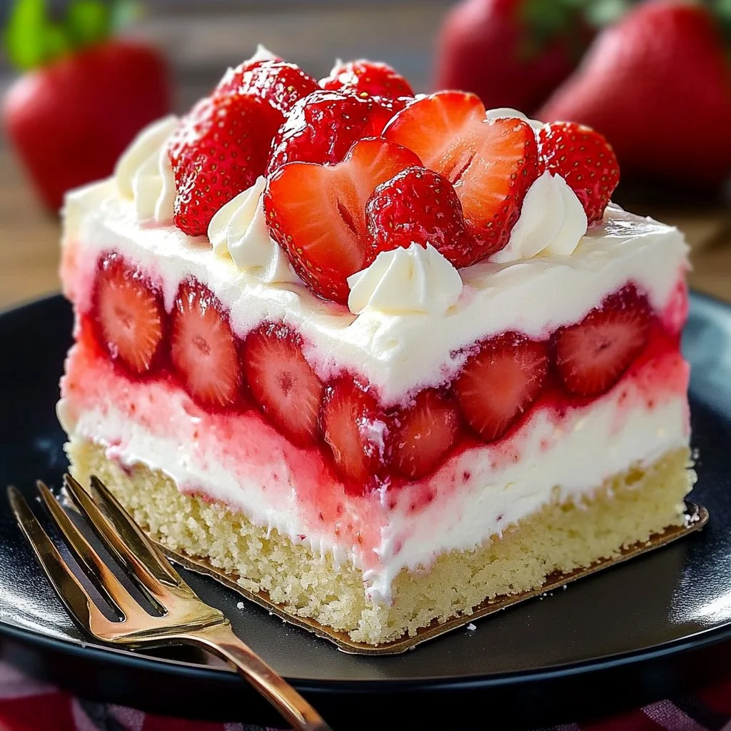 Delicious strawberry poke cake topped with whipped cream and fresh strawberries