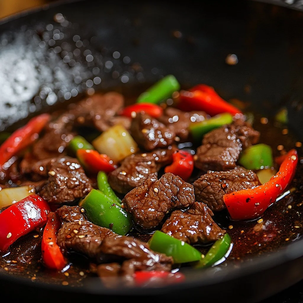 Plate of Black Pepper Beef garnished with vegetables and herbs
