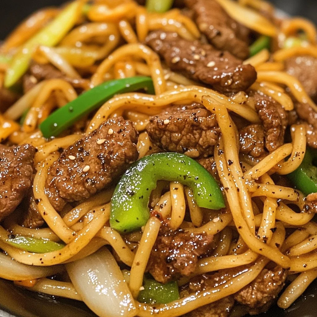 A plate of Black Pepper Beef Chow Mein with colorful vegetables and noodles.
