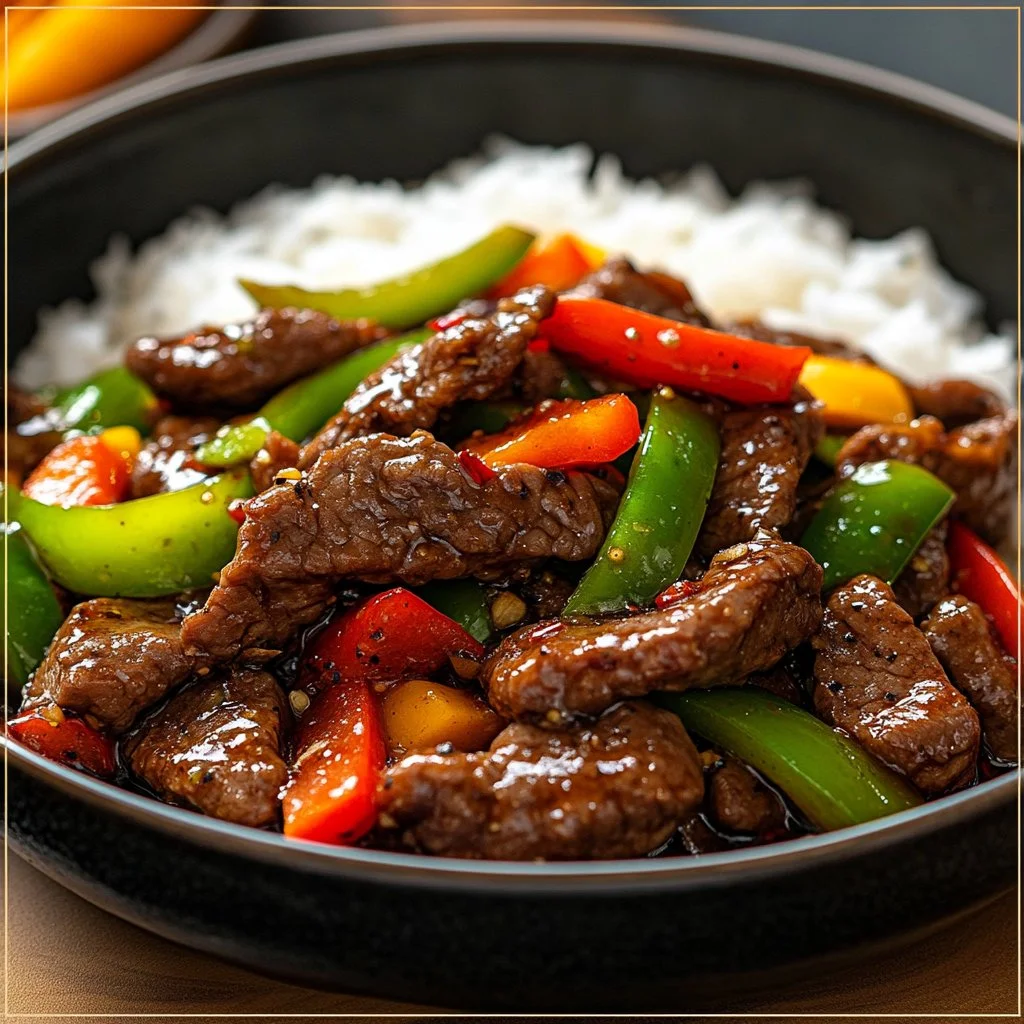 Delicious black pepper beef stir fry served in a colorful dish