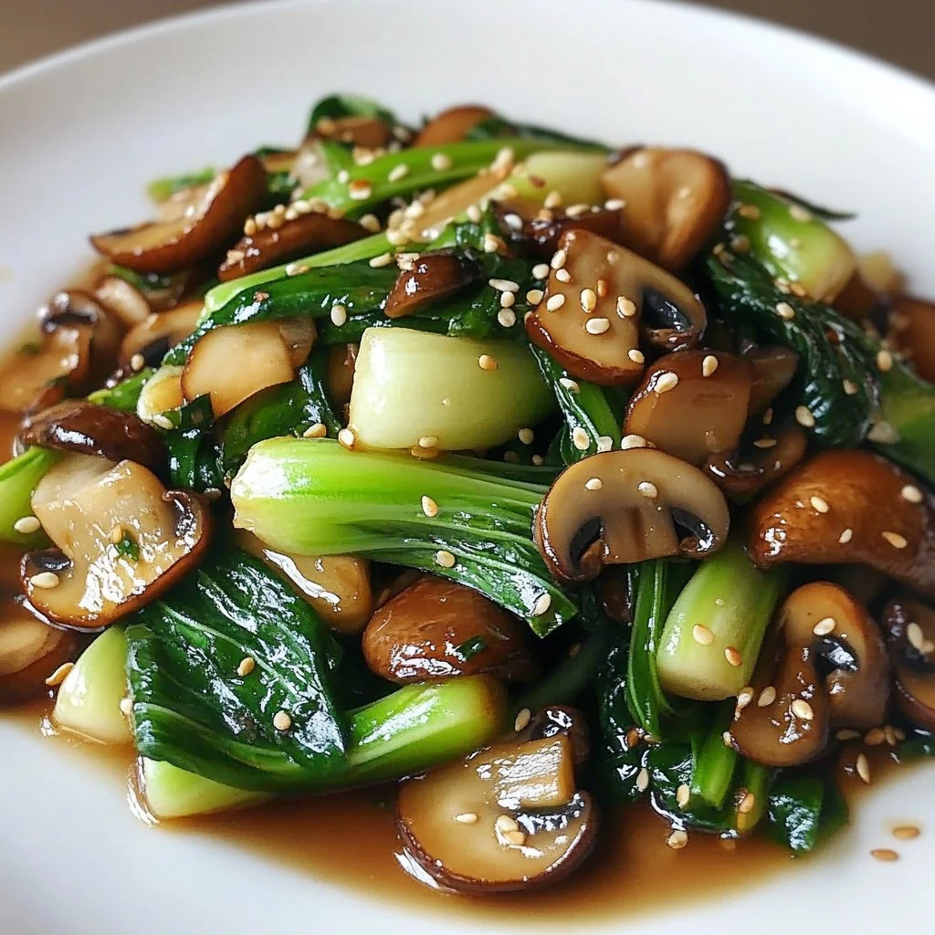 Bok Choy and Mushroom stir fry served in a bowl with colorful veggies.