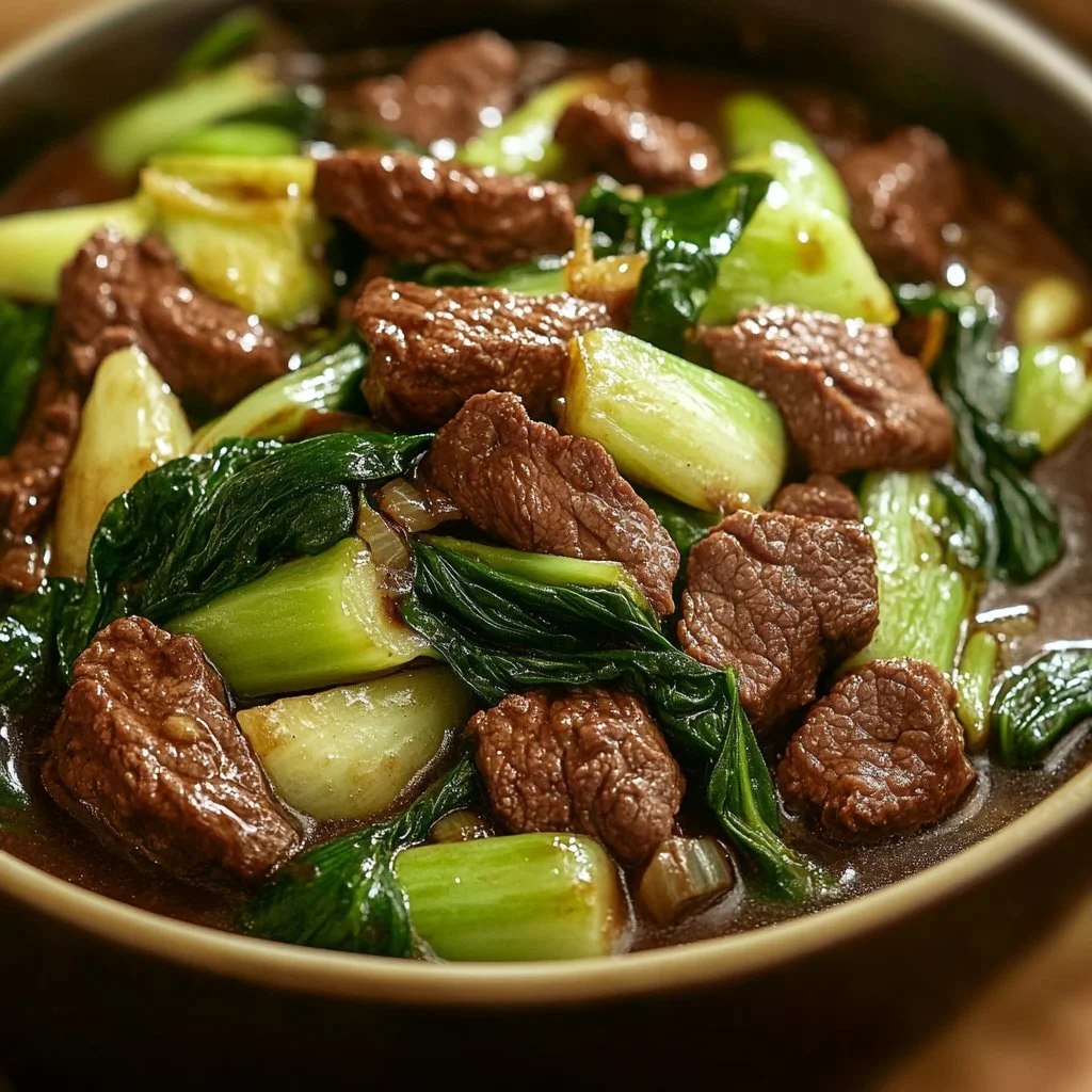 Bok Choy Stir-Fried Beef served on a plate with vibrant vegetables