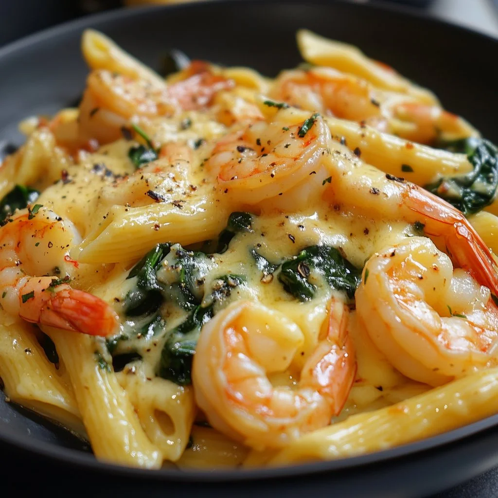 Delicious Cheese Shrimp Penne Pasta with Spinach served in a bowl