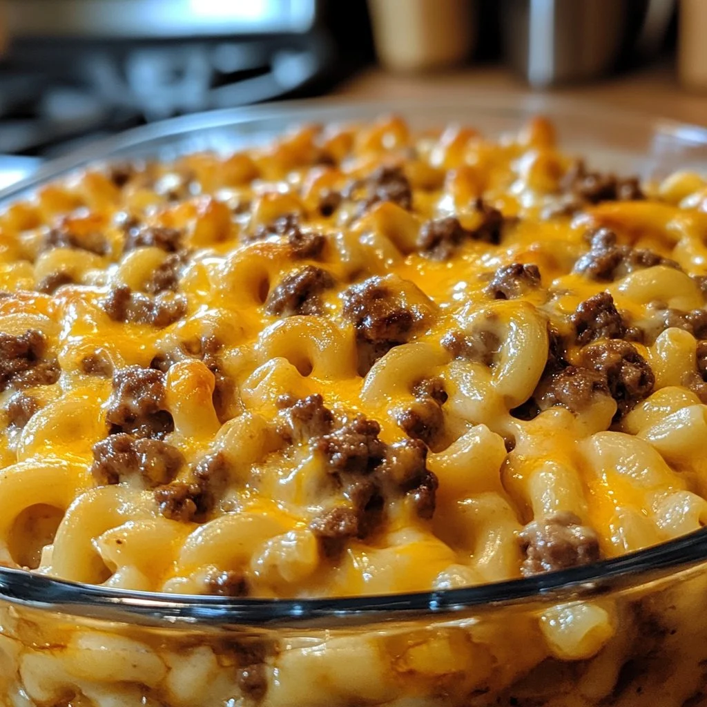 Delicious cheeseburger casserole topped with melted cheese and herbs