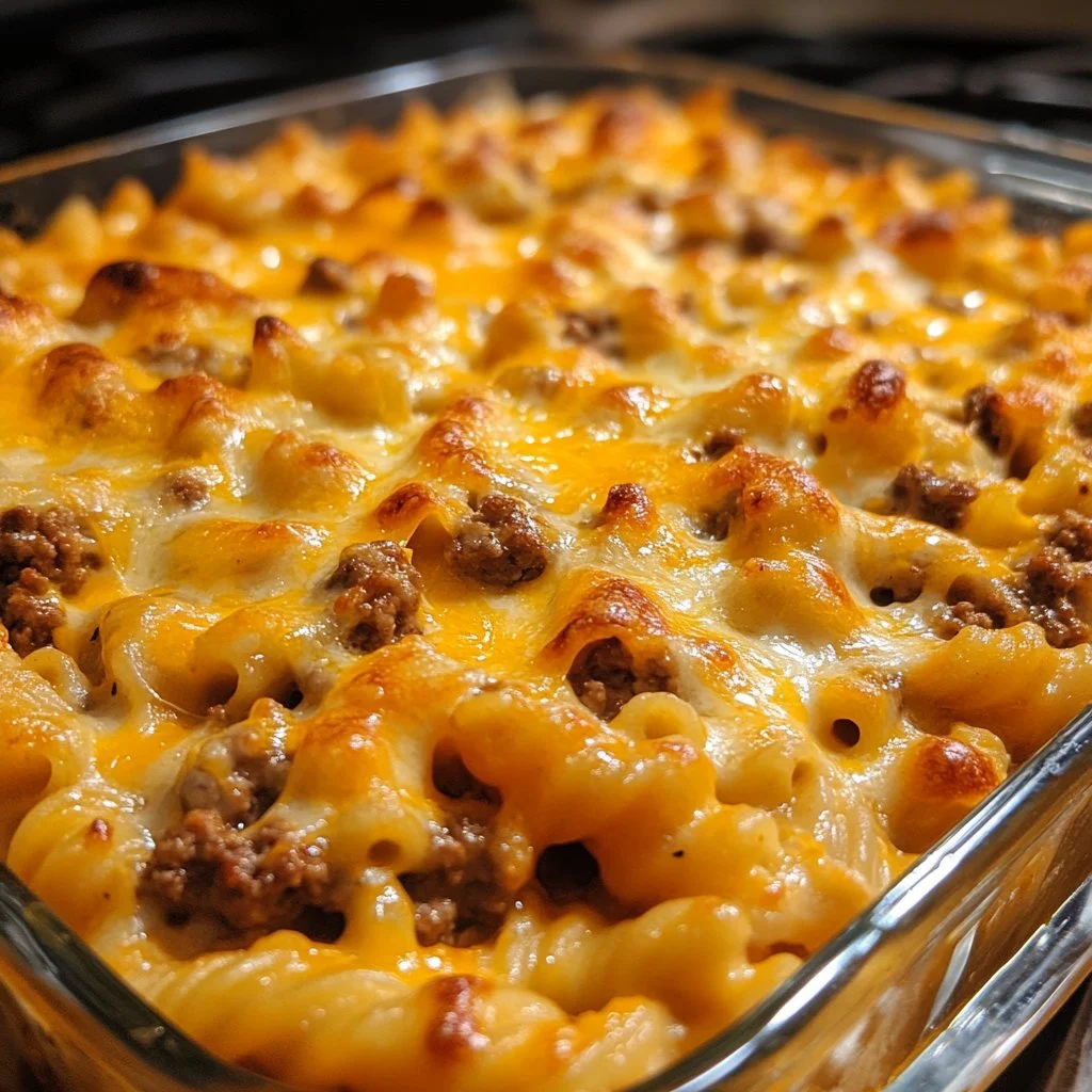 Delicious Cheeseburger Casserole topped with melted cheese and seasonings