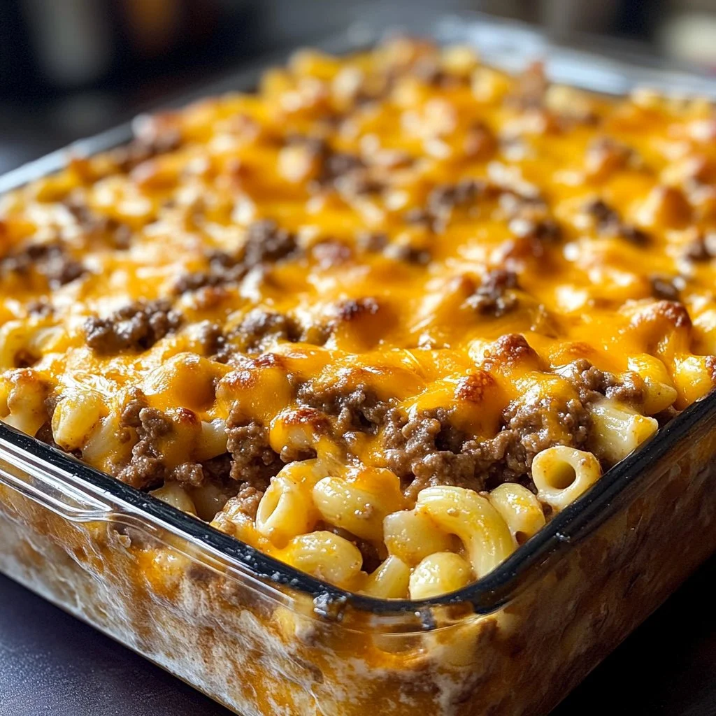 Cheeseburger casserole topped with melted cheese and garnished with herbs