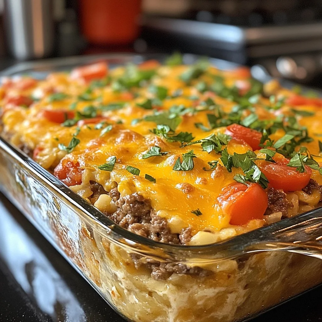 Delicious cheeseburger casserole topped with melted cheese and fresh ingredients