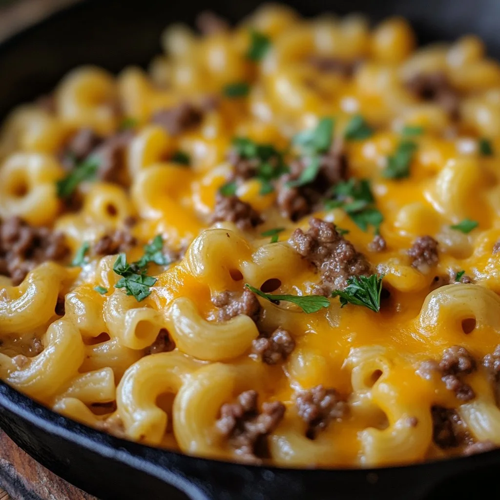 Homemade Cheeseburger Macaroni Skillet served in a bowl