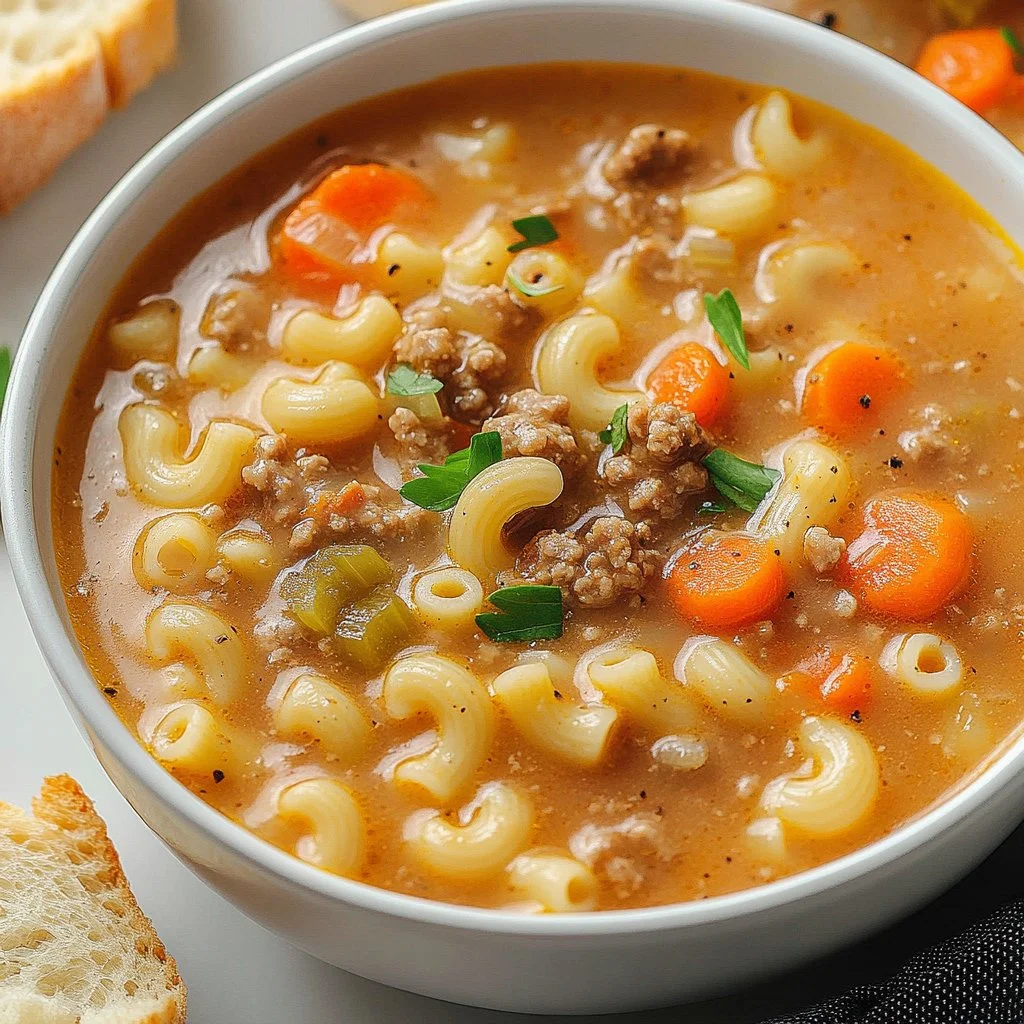 Bowl of cheeseburger macaroni soup with ground beef and cheese toppings