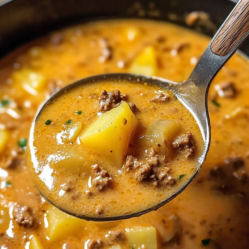 Bowl of cheesy beef and potato soup garnished with herbs