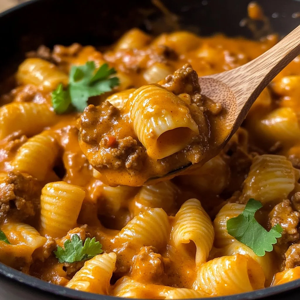 Cheesy Enchilada Hamburger Helper dish served in a bowl with toppings