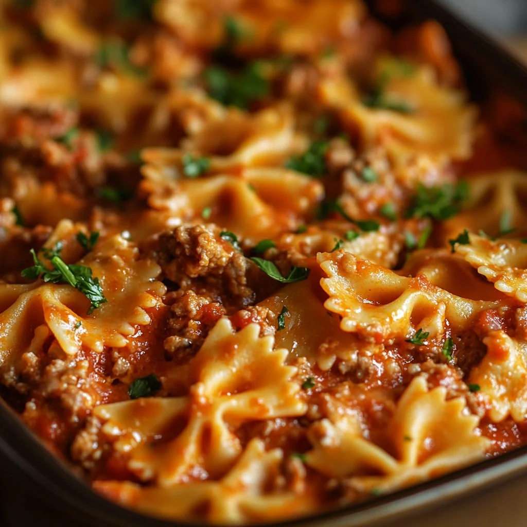 Cheesy Hamburger Helper Lasagna in a casserole dish topped with cheese