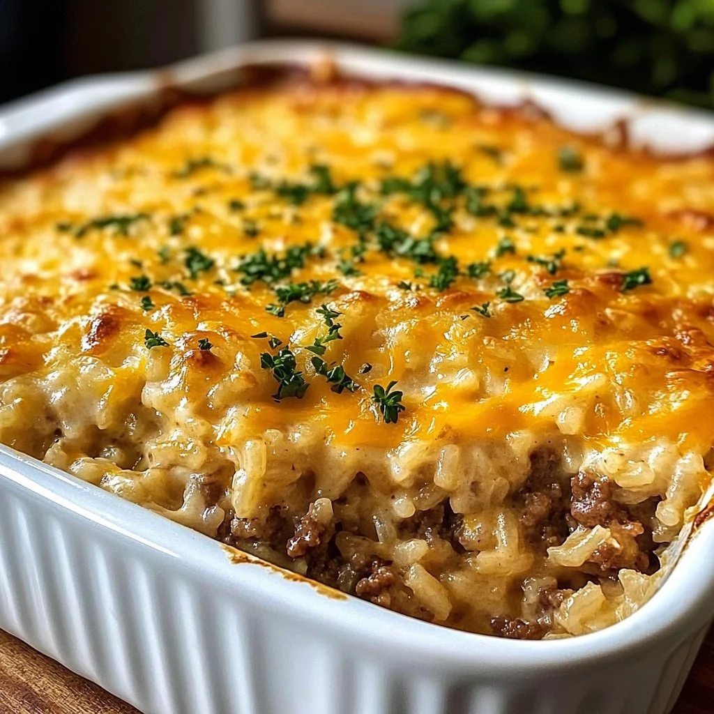 Cheesy Hamburger Rice Casserole in a baking dish, garnished and ready to serve.