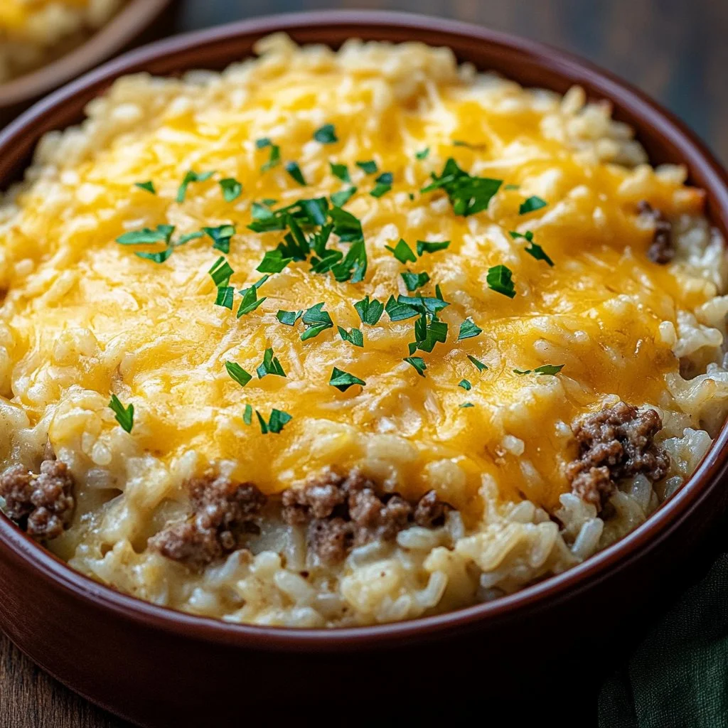 Delicious Cheesy Hamburger Rice Casserole served in a casserole dish