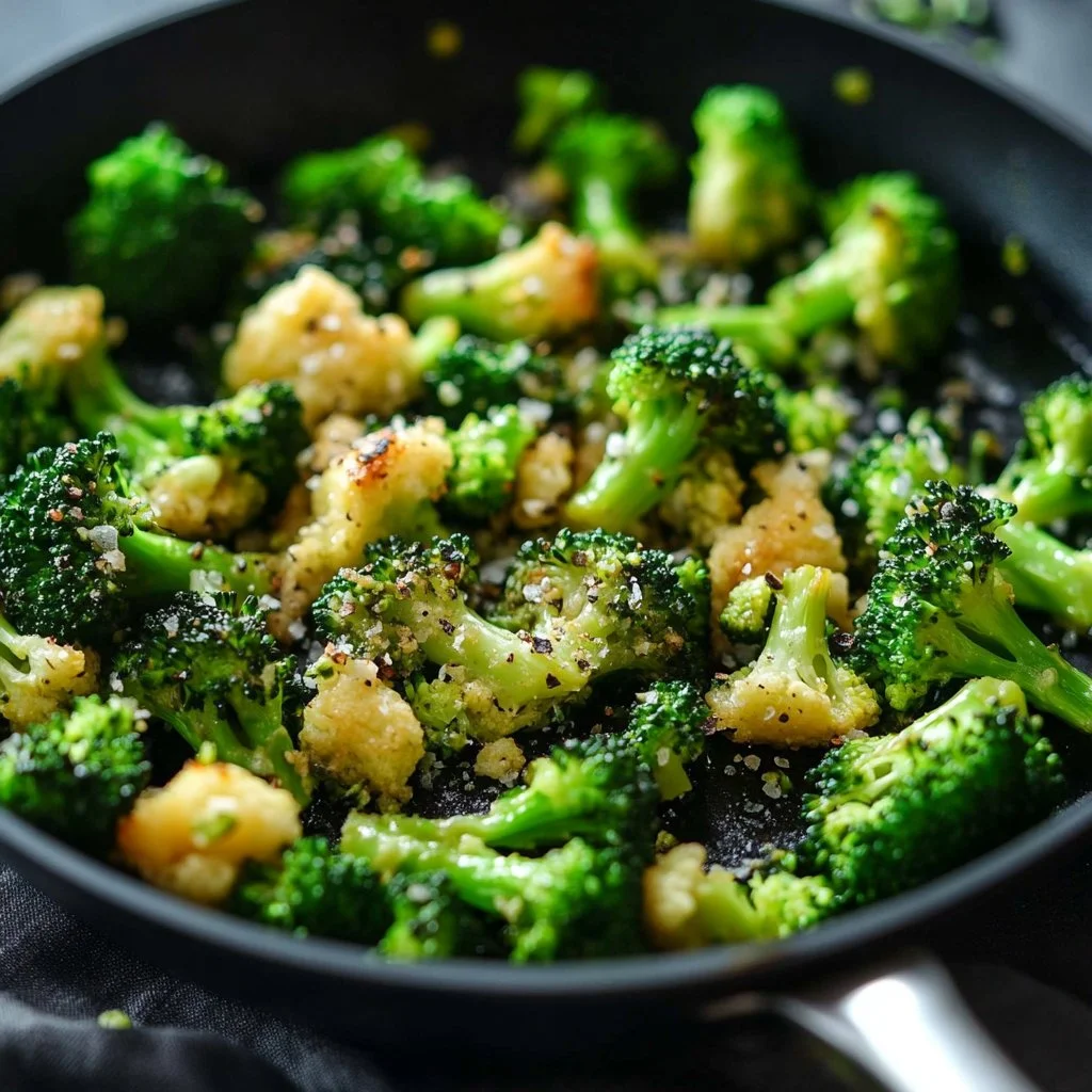 Cheesy skillet broccoli in a pan, a quick and easy side dish.