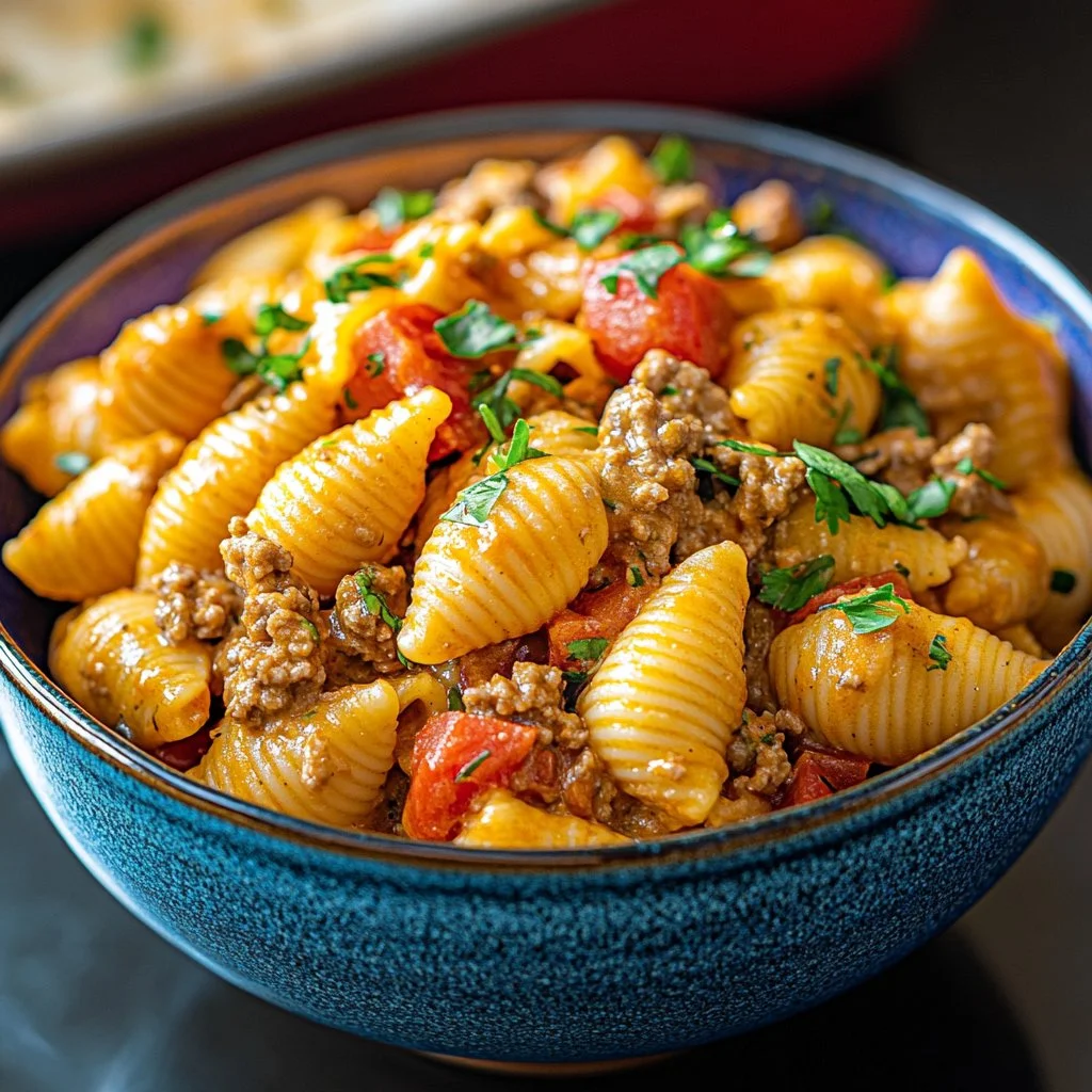 Cheesy Taco Pasta dish served in a bowl with toppings