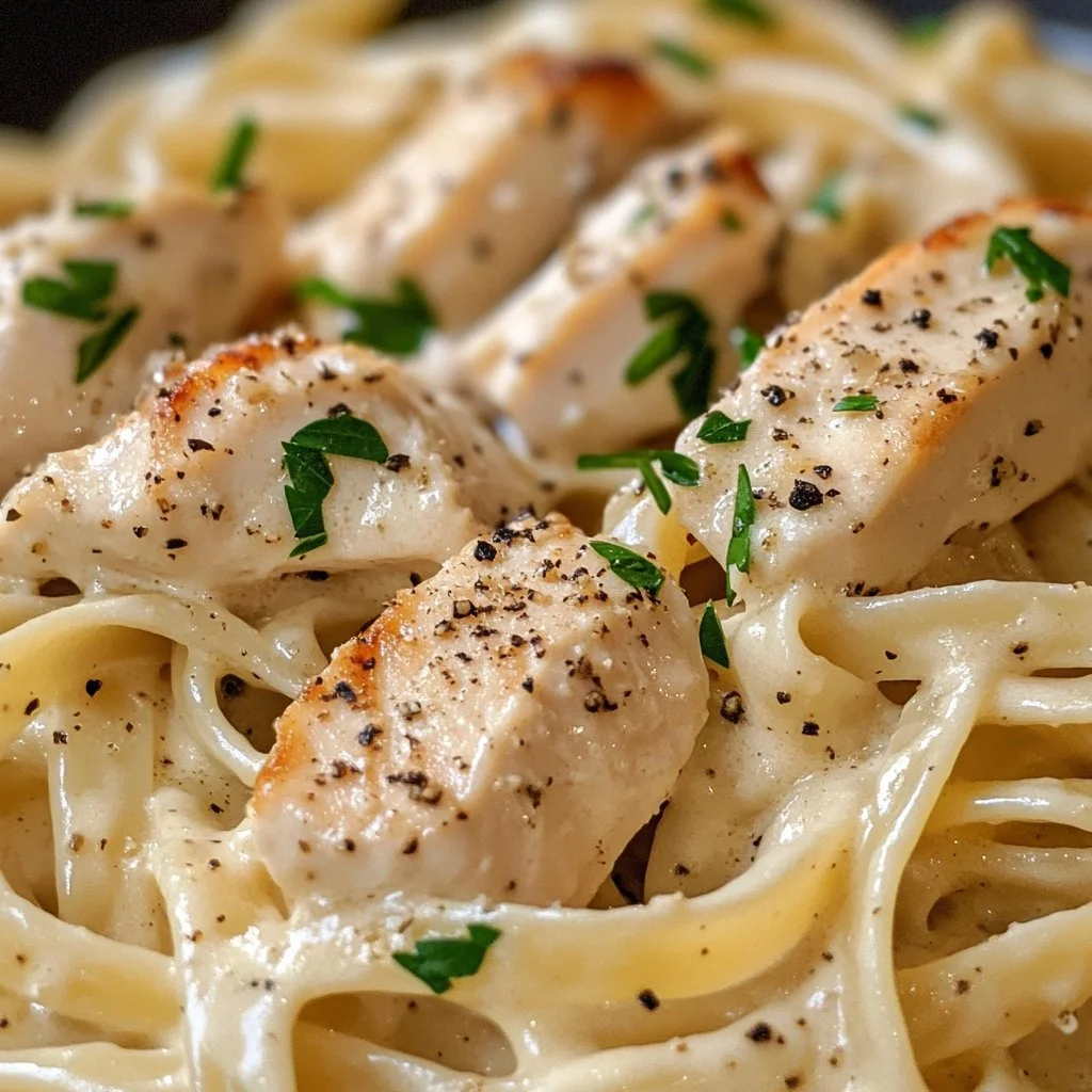 Creamy Chicken Alfredo Pasta served with garlic bread and parsley garnish.