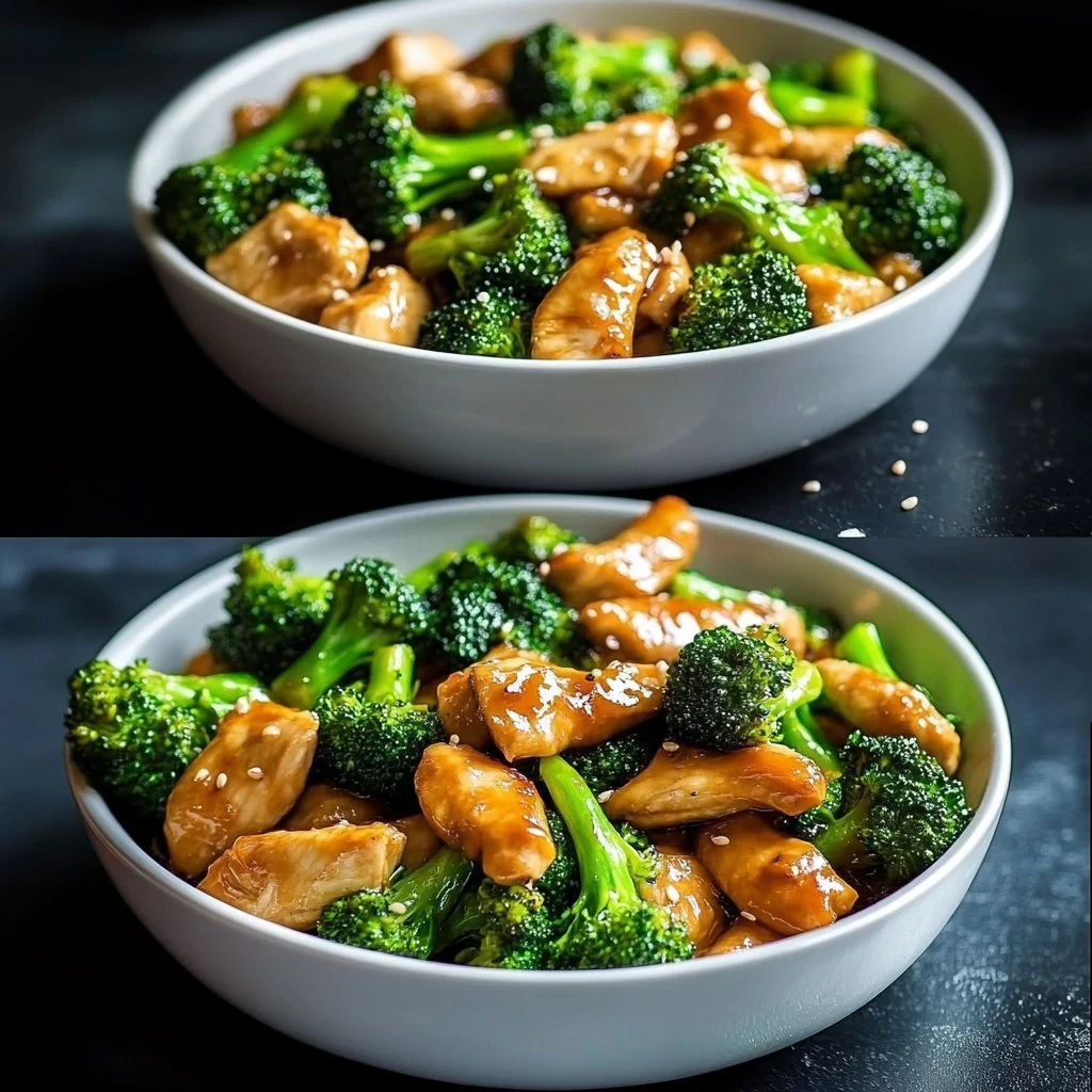 Delicious Chicken Broccoli Stir-Fry served in a bowl with vibrant green broccoli and chicken pieces.