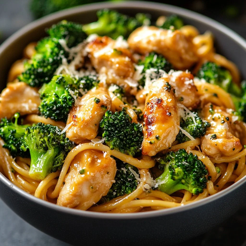 Delicious Chicken Broccoli Pasta served in a bowl with garlic bread