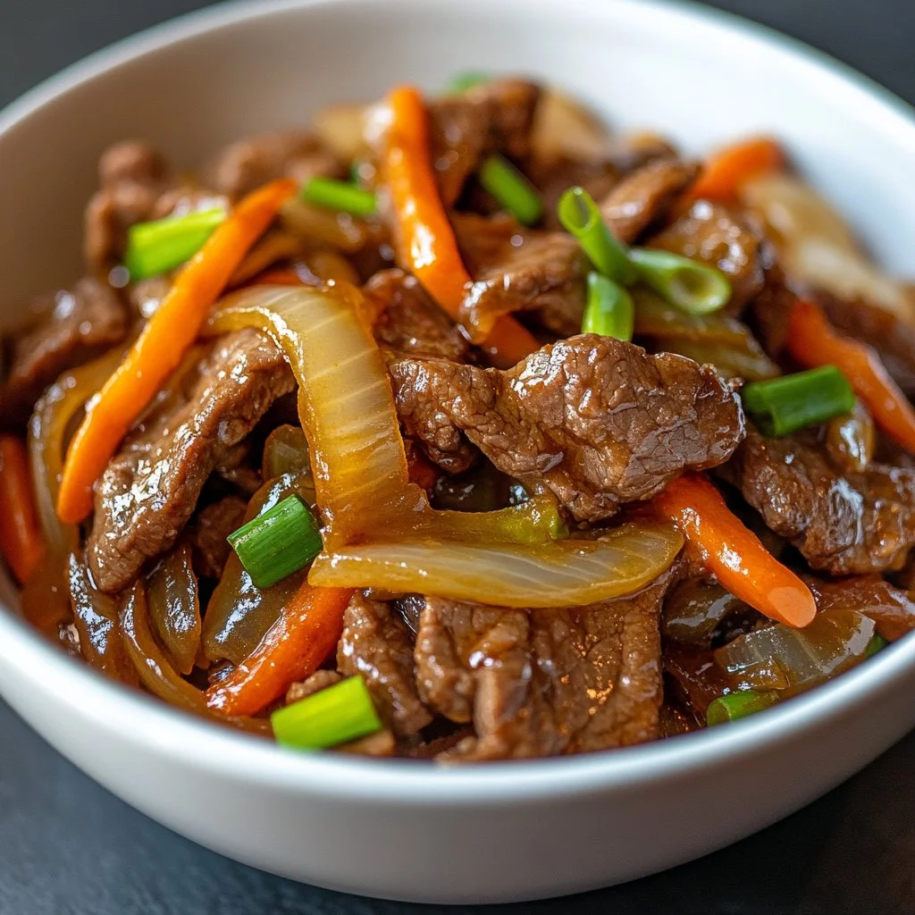 Chinese beef and onion stir fry served in a bowl