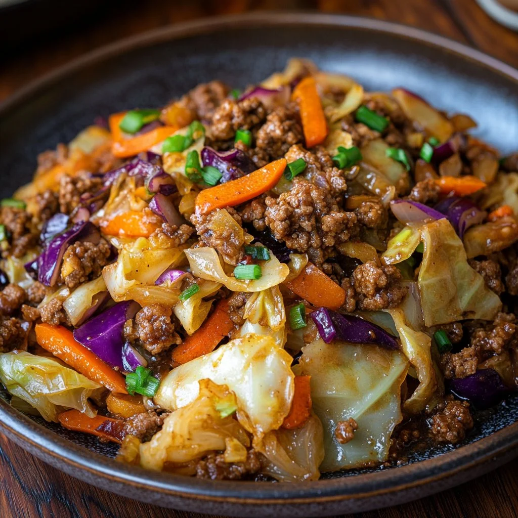 Chinese ground beef stir-fry with cabbage and vegetables in a skillet.
