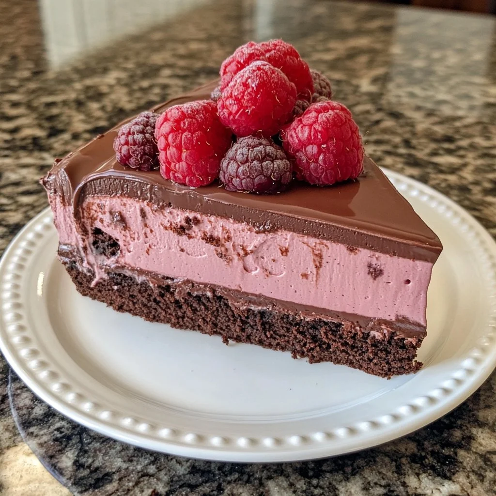 Delicious Chocolate Raspberry Mousse Cake with rich chocolate and fresh raspberries.