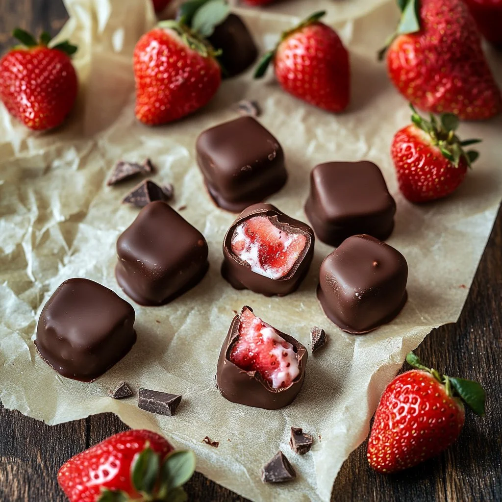 Delicious chocolate strawberry yogurt clusters on a white plate.