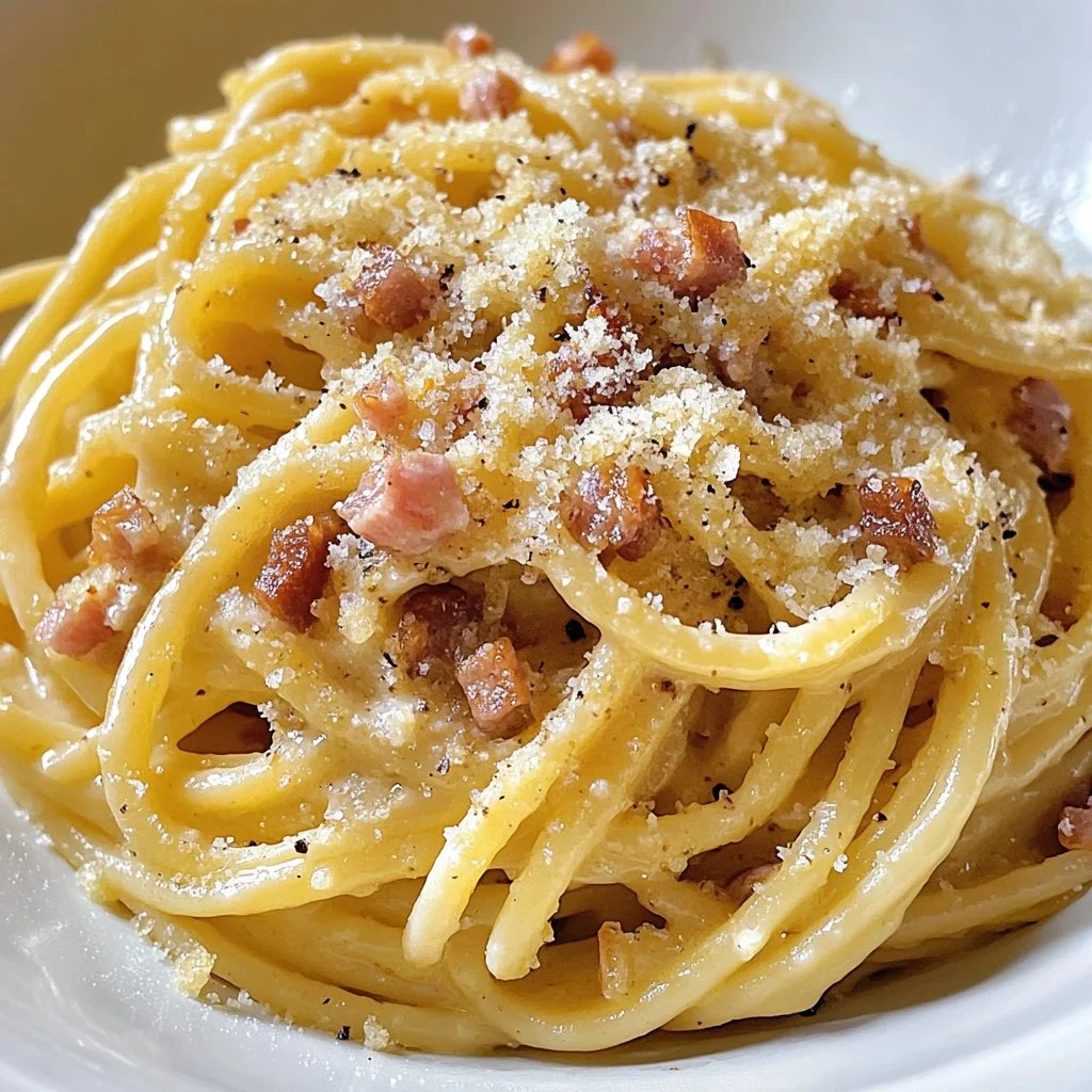 Delicious classic Carbonara Pasta dish with creamy sauce and pancetta