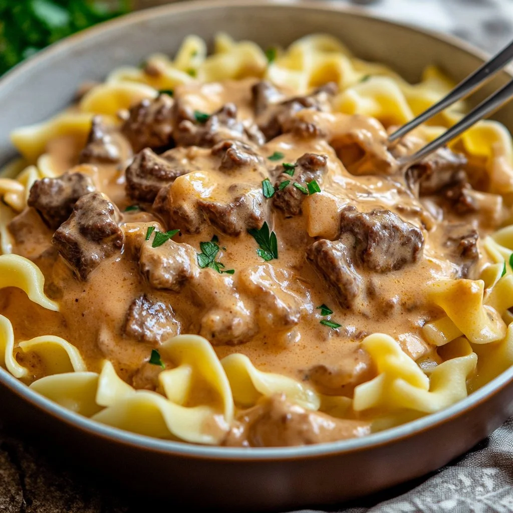 Homemade Beef Stroganoff cooked in a skillet with creamy sauce and noodles