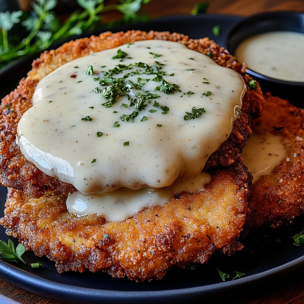 Delicious Country Fried Steak topped with gravy, served with classic sides.
