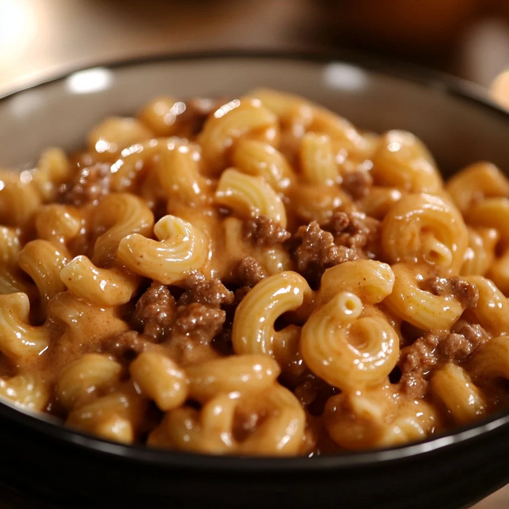 Creamy beef pasta dish with rich sauce and fresh herbs