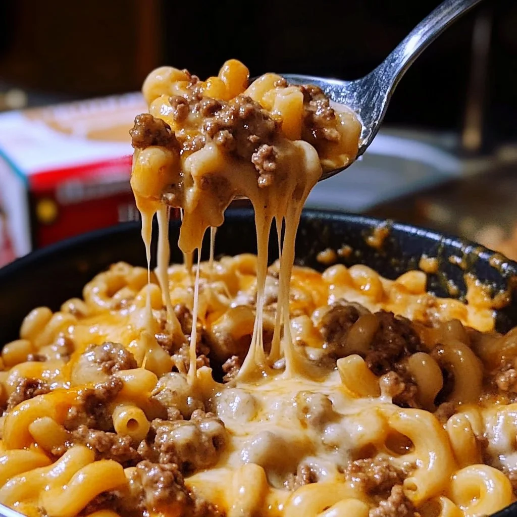 Bowl of creamy beef pasta garnished with parsley and grated cheese.