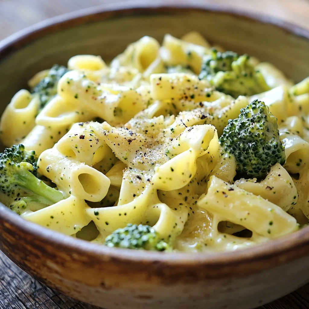 Creamy broccoli pasta dish in a skillet, perfect for a one-pot meal