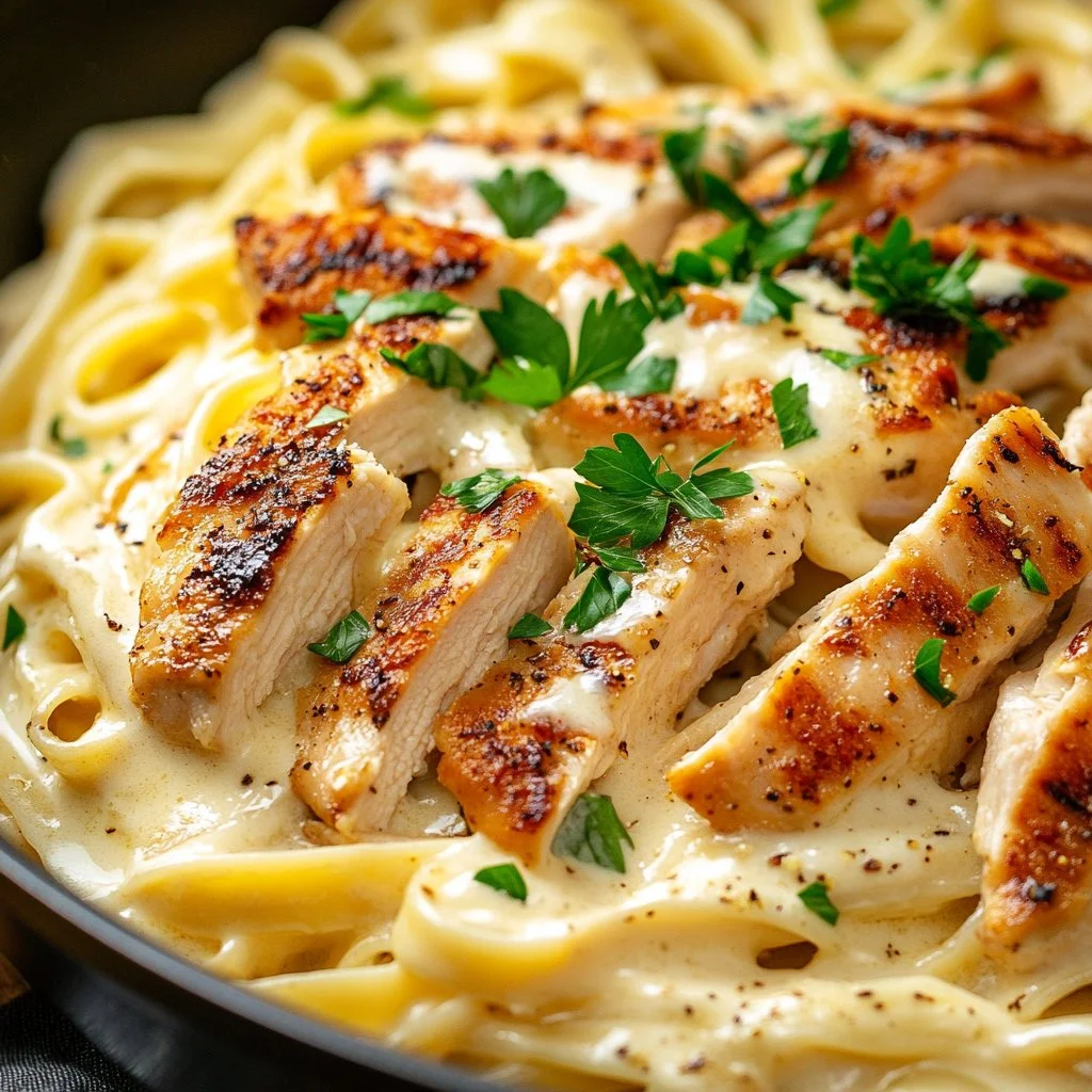 Creamy Chicken Fettuccine Alfredo pasta dish with chicken and Alfredo sauce