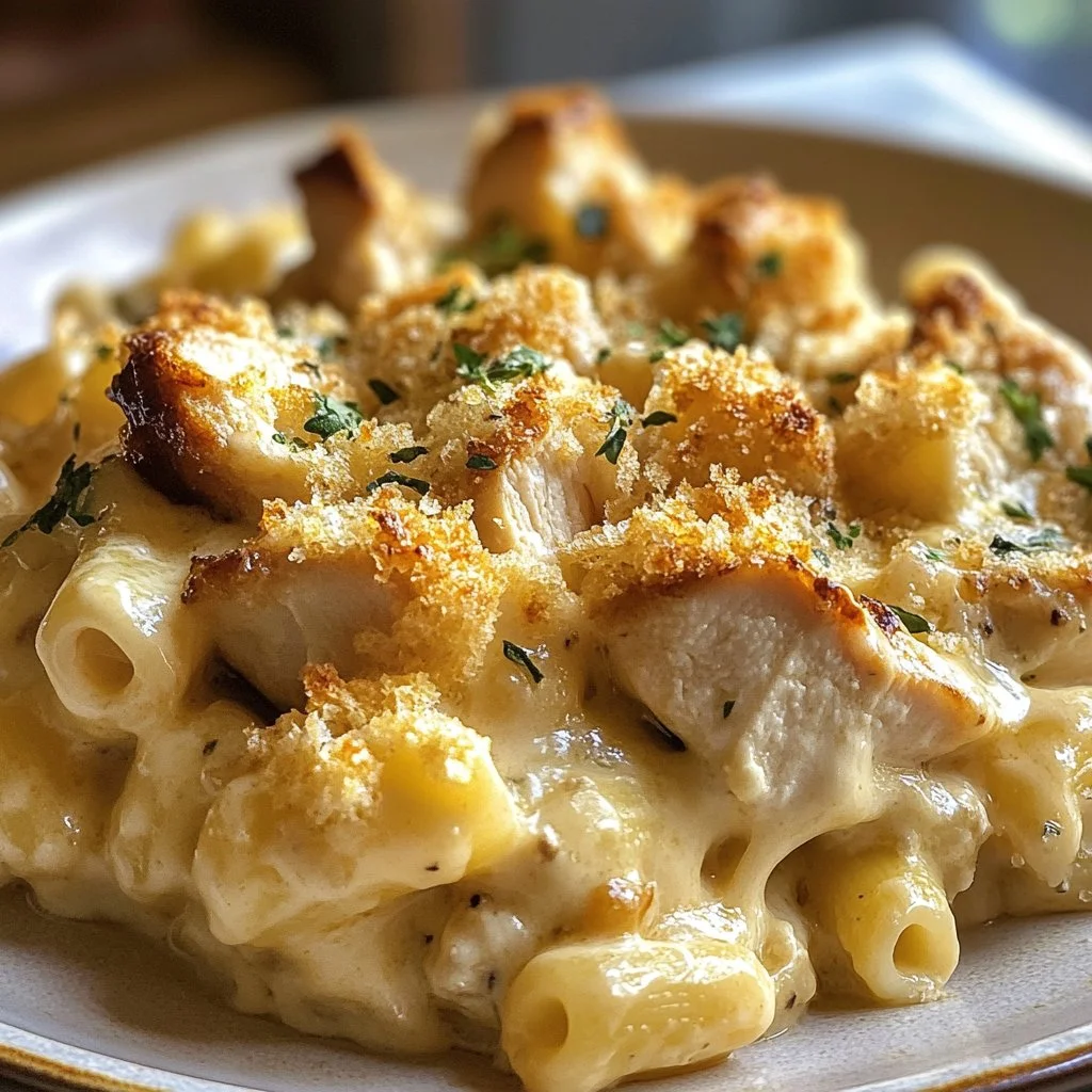 Creamy Chicken Mac and Cheese served in a bowl with melted cheese on top