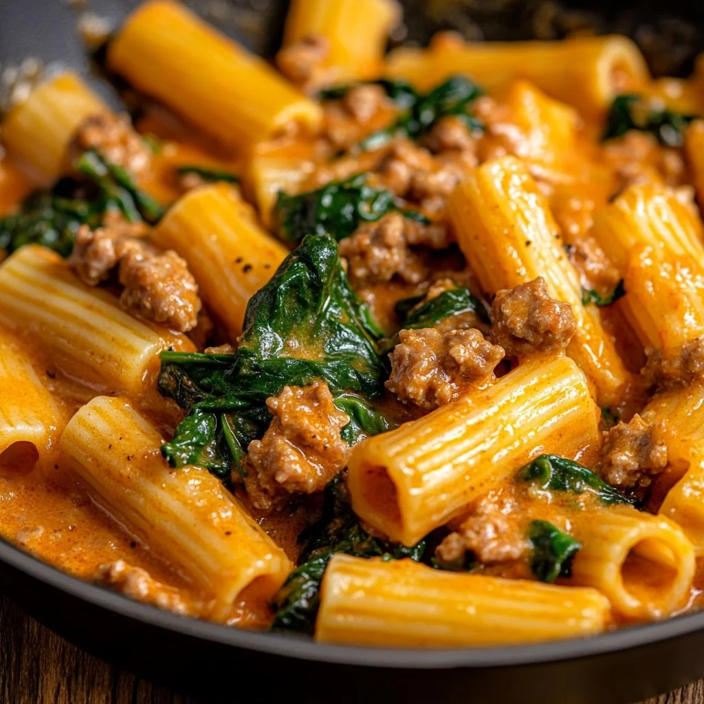 Creamy Sausage Rigatoni with Spinach and Tomato Cream Sauce