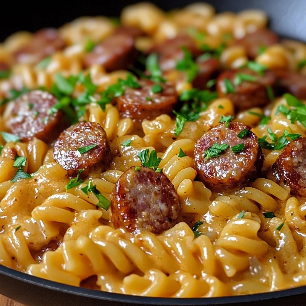 Creamy smoked sausage pasta served in a bowl with herbs and cheese