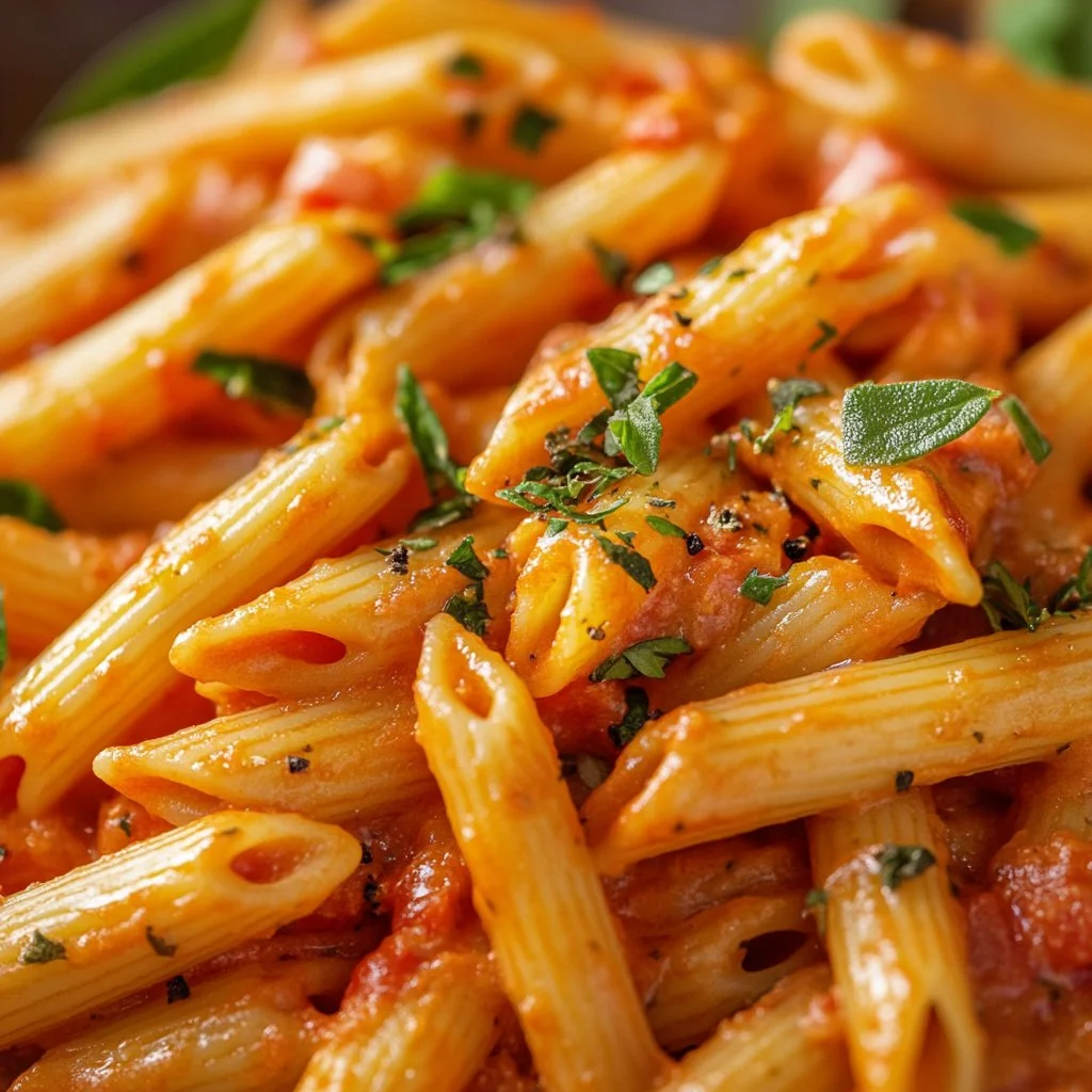 Bowl of creamy tomato pasta garnished with fresh basil and parmesan cheese