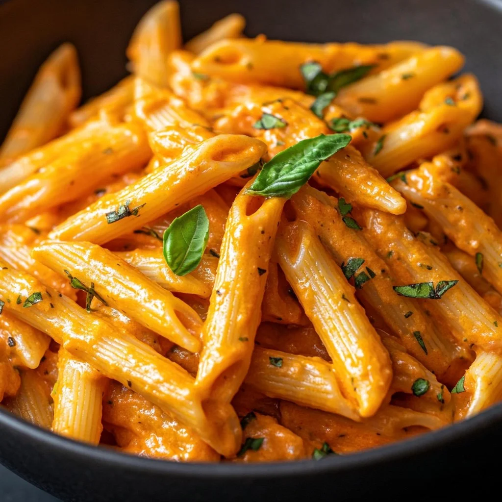 Creamy tomato pasta dish garnished with fresh basil and parmesan cheese.