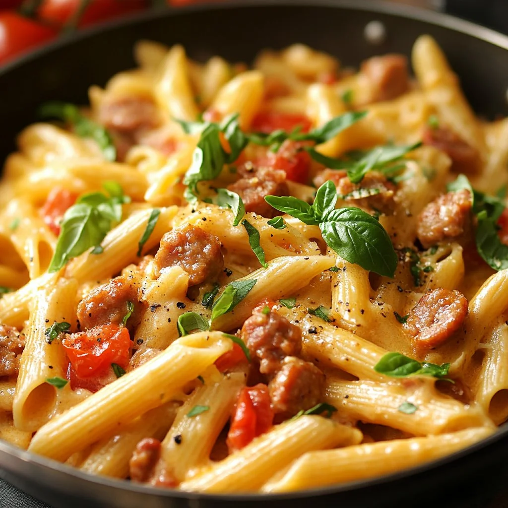 Delicious creamy Tuscan sausage pasta in a bowl garnished with herbs