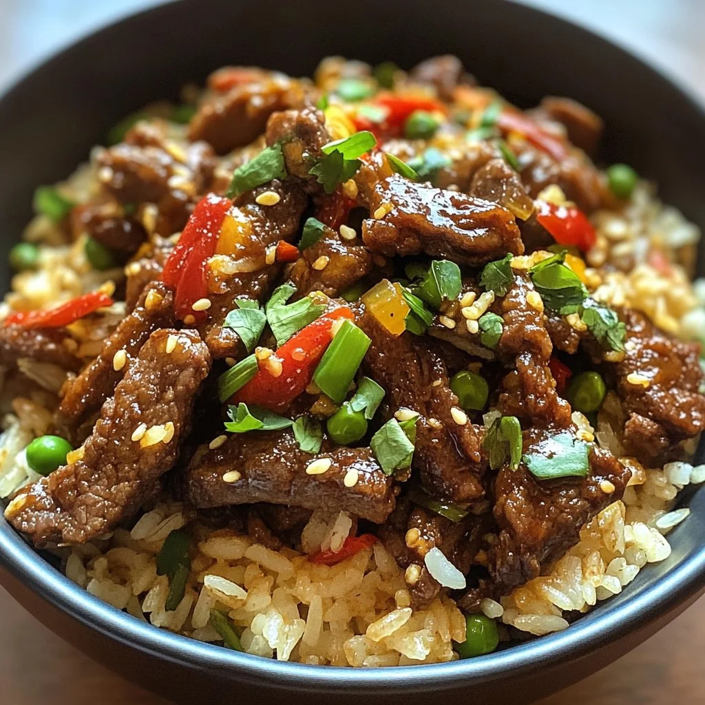 Crispy Chilli Beef Rice with tender beef and spicy chili garnish
