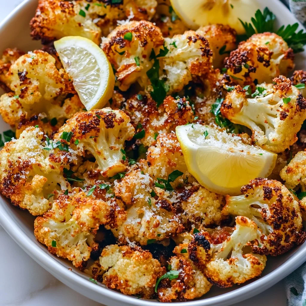 Bowl of crispy Parmesan roasted cauliflower with herbs