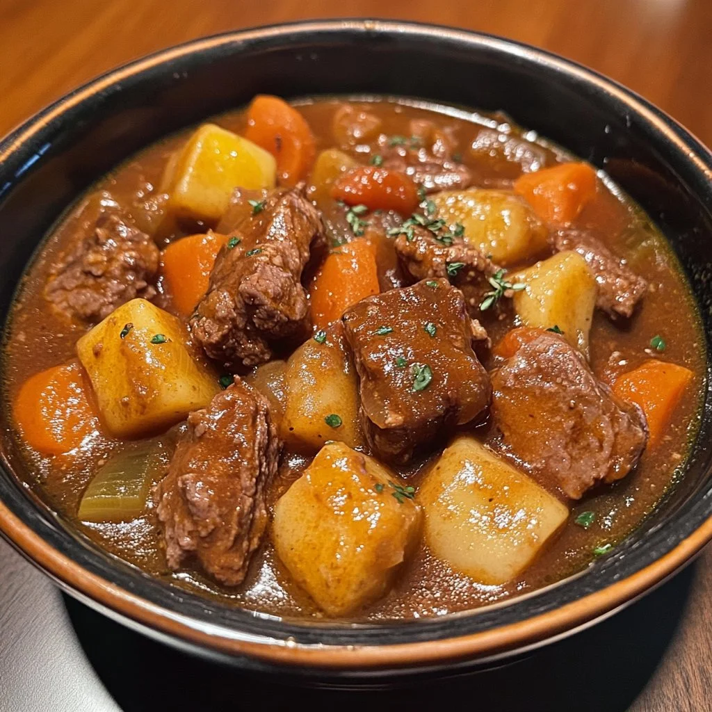 Bowl of Crock Pot Poor Man's Stew filled with vegetables and meat